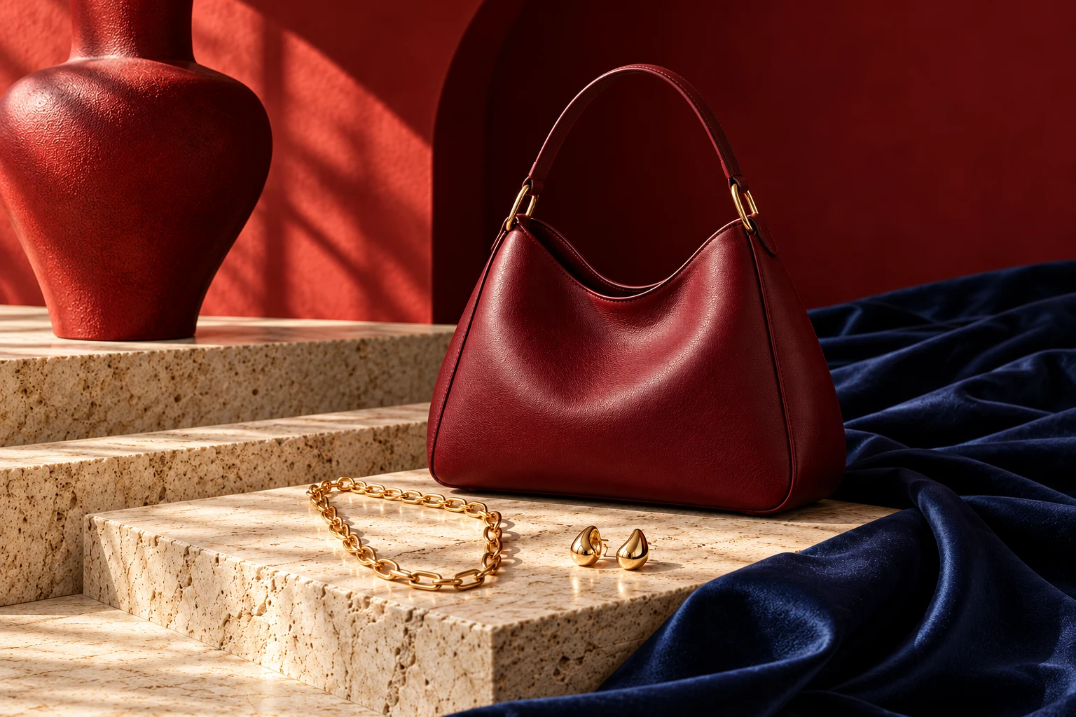 Burgundy leather handbag and gold jewellery styled with navy silk and travertine